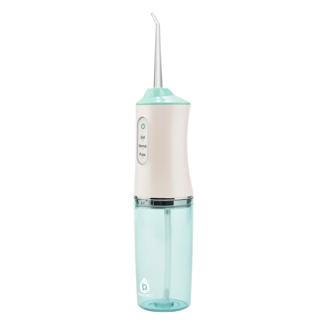 Cordless water flosser with a light turquoise water tank and white handle, featuring settings for soft, normal, and pulse modes. Designed for oral hygiene.