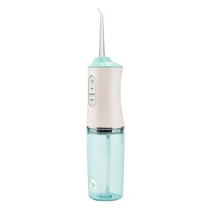 Cordless water flosser with a light turquoise water tank and white handle, featuring settings for soft, normal, and pulse modes. Designed for oral hygiene.