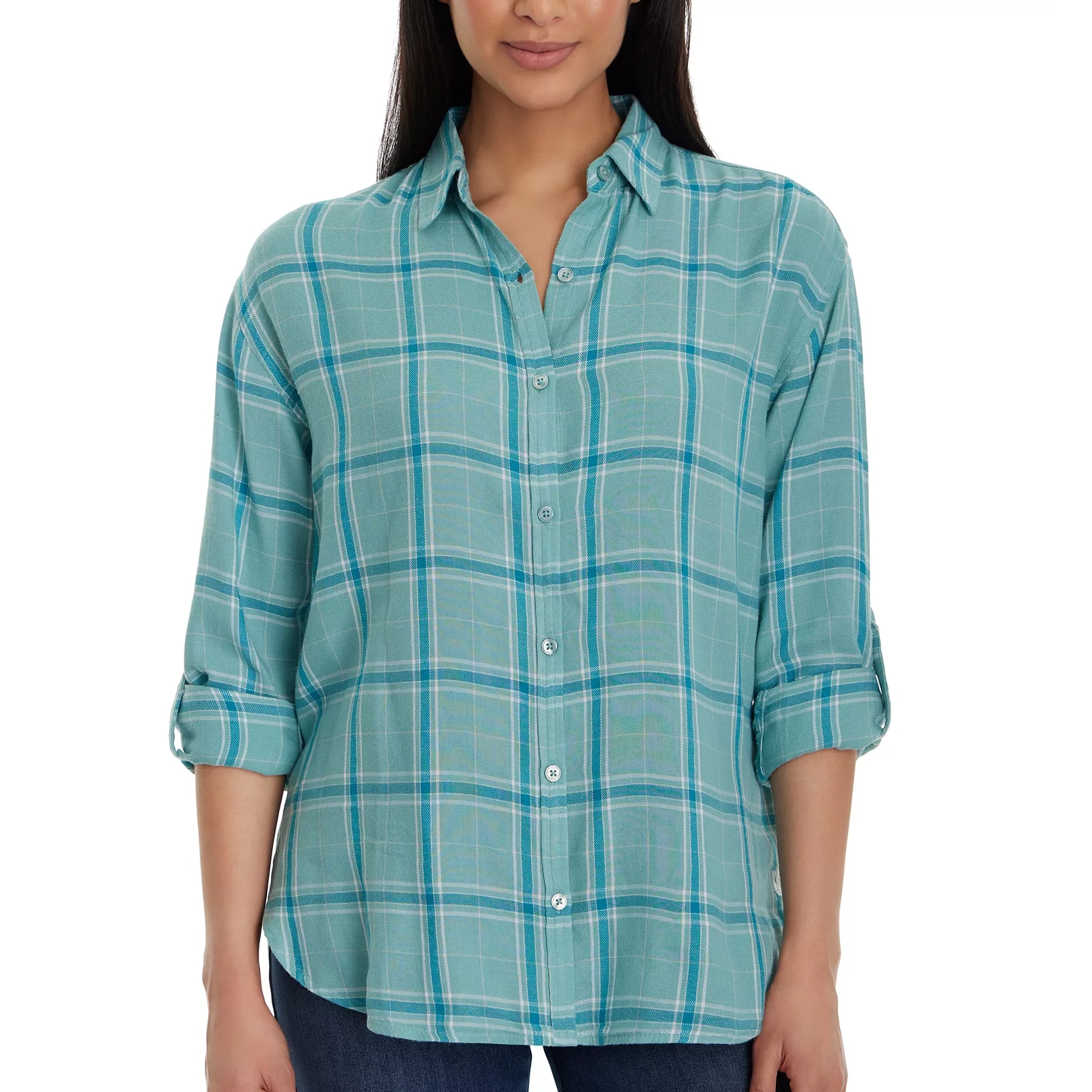 A teal plaid button-up shirt with long sleeves, featuring a classic collar and roll-tab sleeves for a casual look.