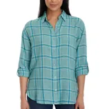 A teal plaid button-up shirt with long sleeves, featuring a classic collar and roll-tab sleeves for a casual look.