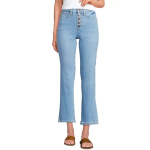 Light blue high-waisted jeans with a button fly and slight flare, paired with brown slide sandals.