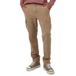Tan cargo pants with side pockets, paired with a maroon long-sleeve shirt and gray high-top sneakers.