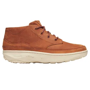 Merrell brown leather ankle boots with a thick, cream-colored sole and lace-up design.