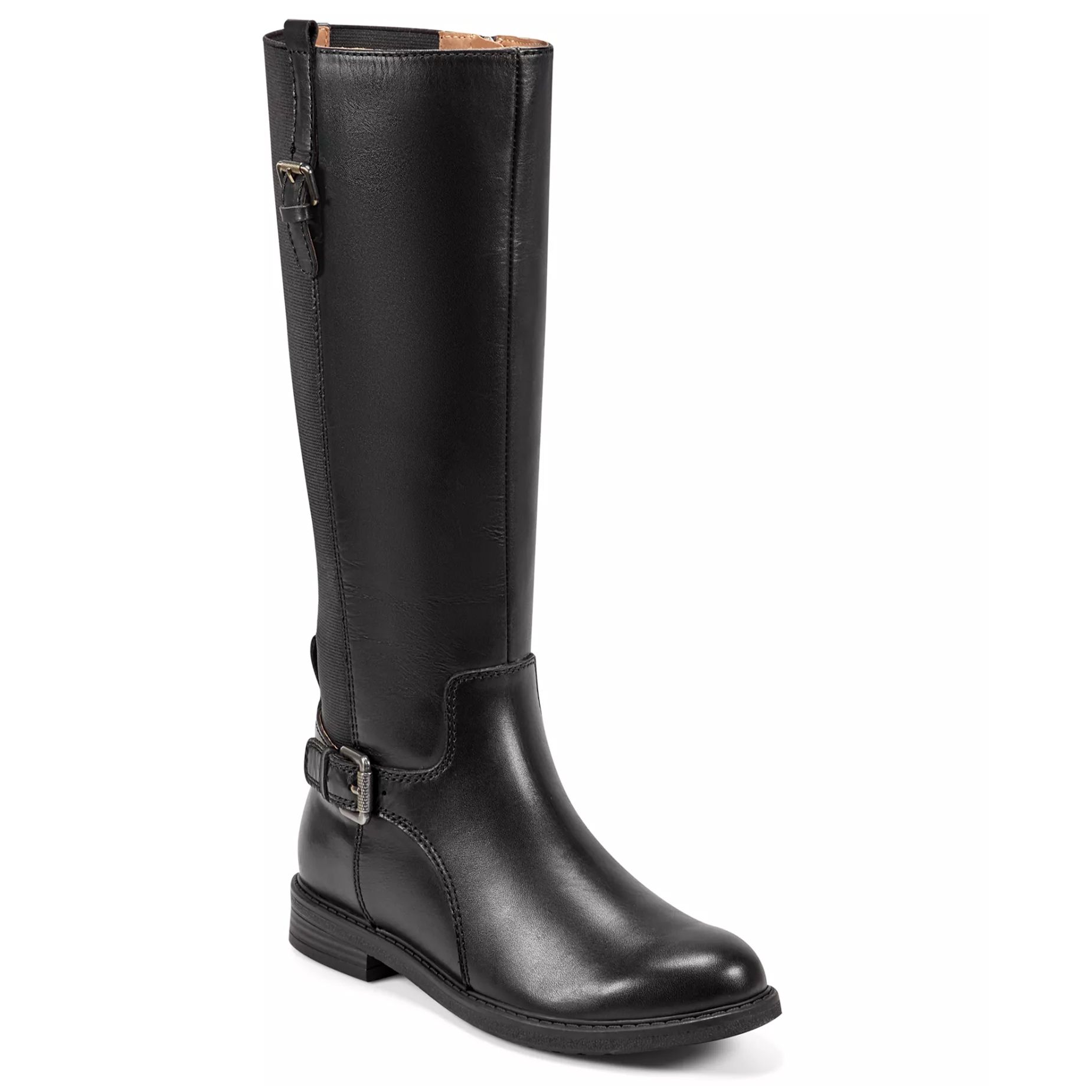 Black knee-high leather boot with side buckle and low heel.