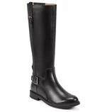Black knee-high leather boot with side buckle and low heel.