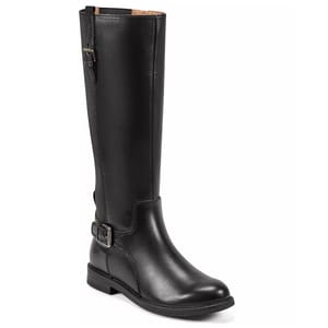 Black knee-high leather boot with side buckle and low heel.
