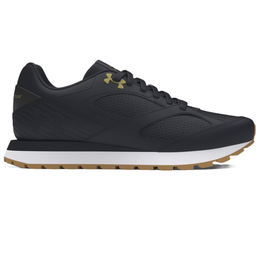 UA Jogger Shoes are black athletic sneakers with a sleek design, featuring a white midsole and tan outsole, and have the Under Armour logo in a contrasting color on the side.