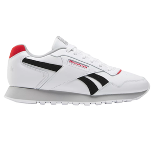White Reebok classic sneaker with black accents and a red heel tab.