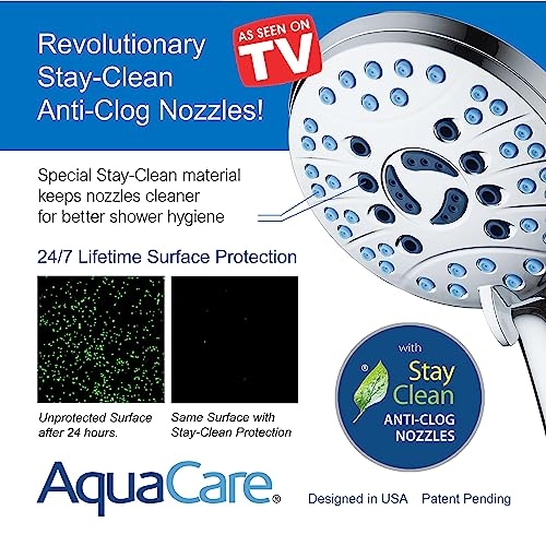 An AquaCare 8-function rainfall showerhead featuring Stay-Clean Anti-Clog Nozzles for improved hygiene, with a comparison of a protected vs. unprotected surface after 24 hours.