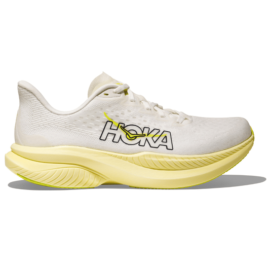 A white Hoka running shoe with a thick, yellow sole and the Hoka logo on the side, featuring a lightweight design and textured outsole for enhanced grip.
