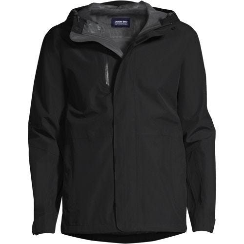 Black waterproof rain jacket with a hood, zipper closure, and two front pockets.