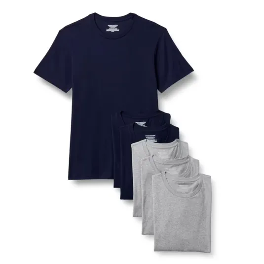 Pack of crew neck t-shirts, including three gray and three navy blue shirts.