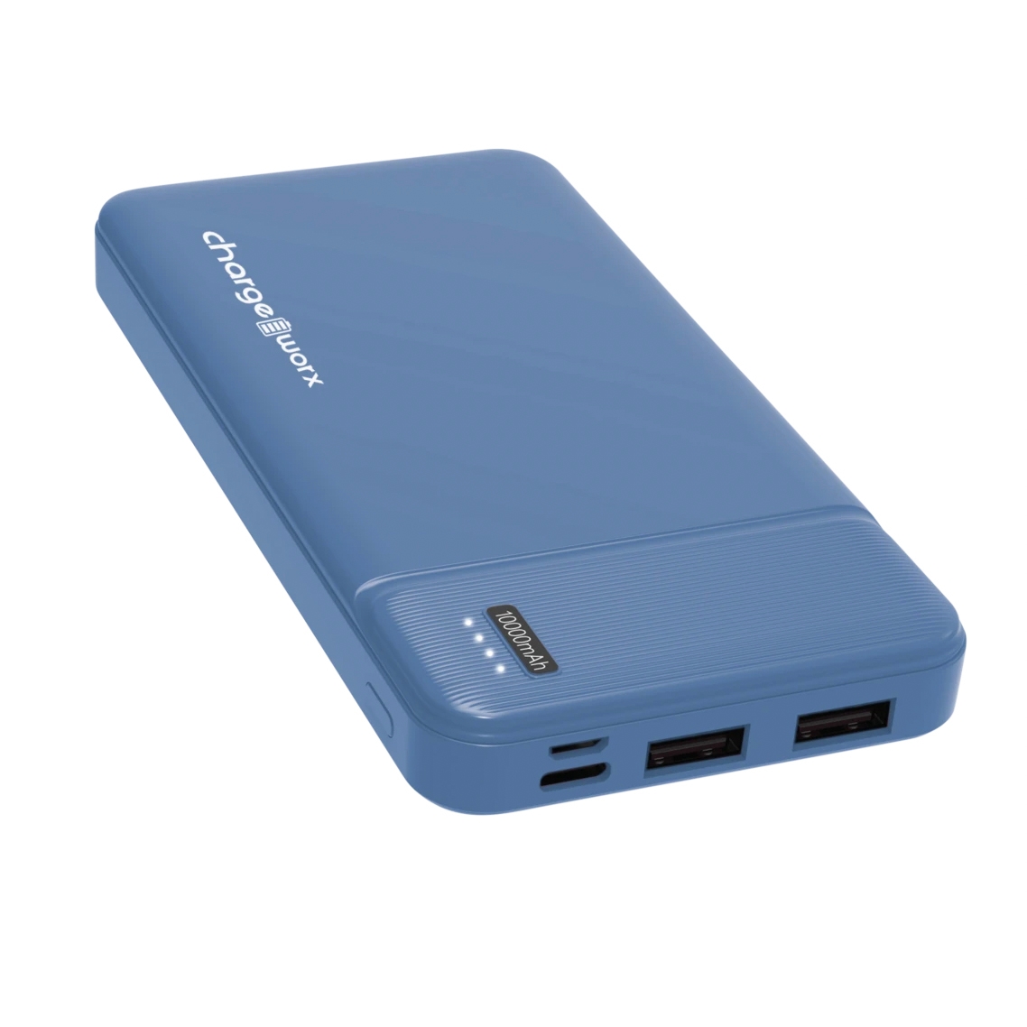 Blue Chargeworx dual USB slim power bank with 10,000 mAh capacity, featuring an LED charge indicator and USB-C/Micro USB input ports.