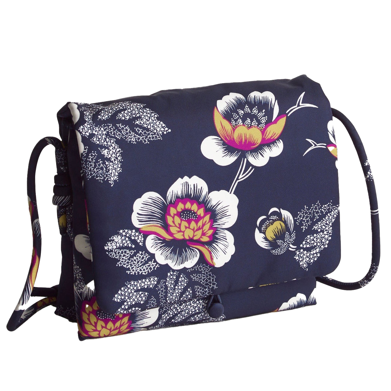 A navy blue crossbody bag featuring a floral print with large white, pink, and yellow flowers, and a matching strap.