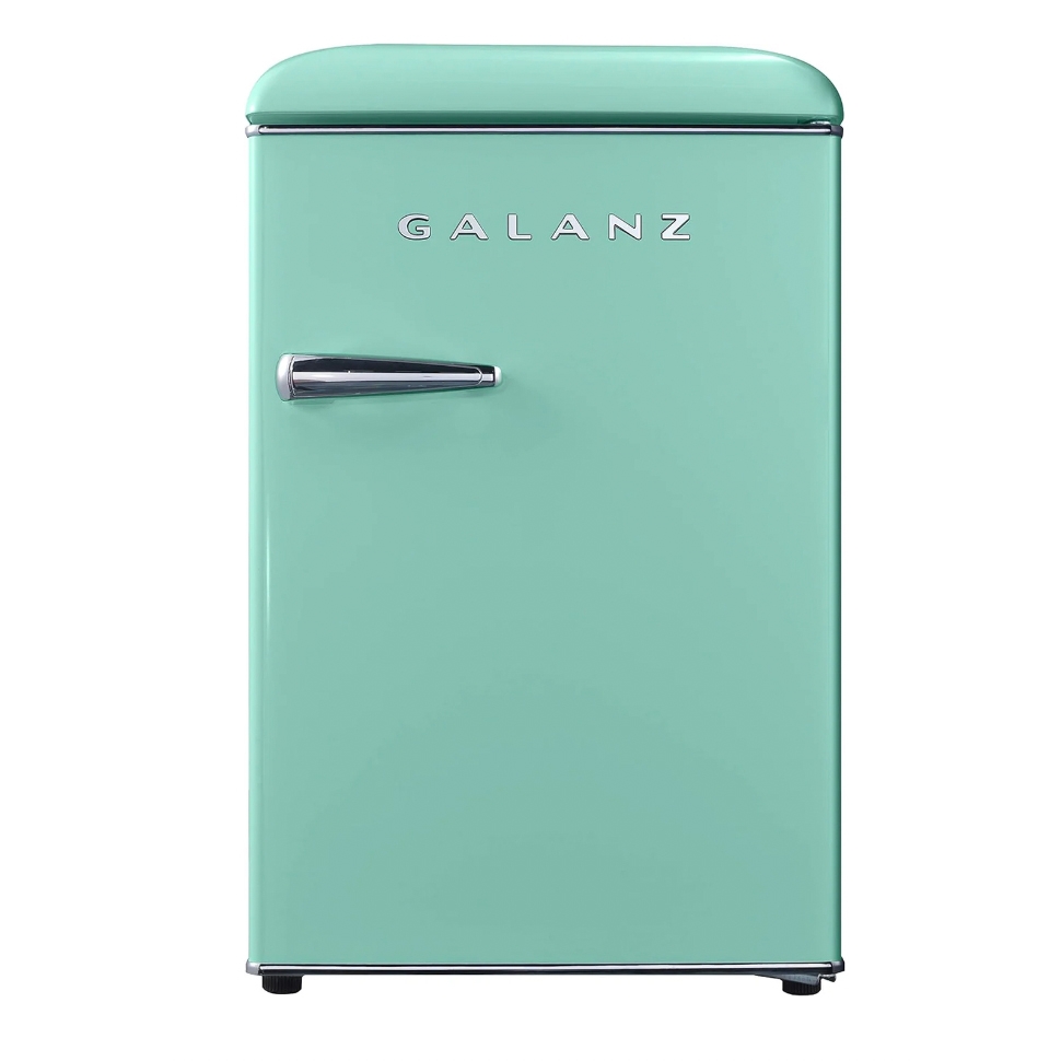 A retro-style mint green Galanz refrigerator with a single door and chrome handle.