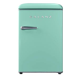 A retro-style mint green Galanz refrigerator with a single door and chrome handle.