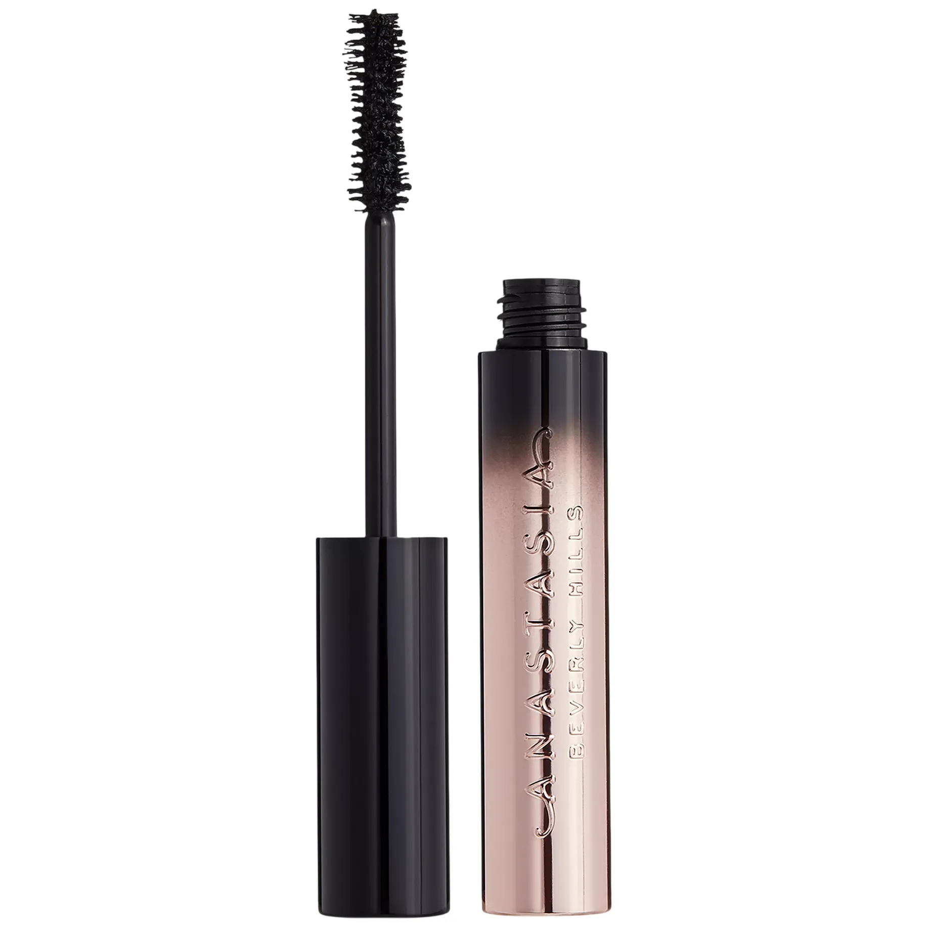 Anastasia Beverly Hills mascara with a black wand and ombré metallic pink and black tube.