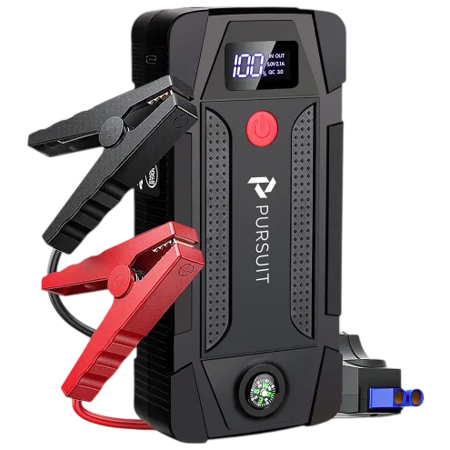 A portable car jump starter with clamps and a digital display, featuring a built-in compass.