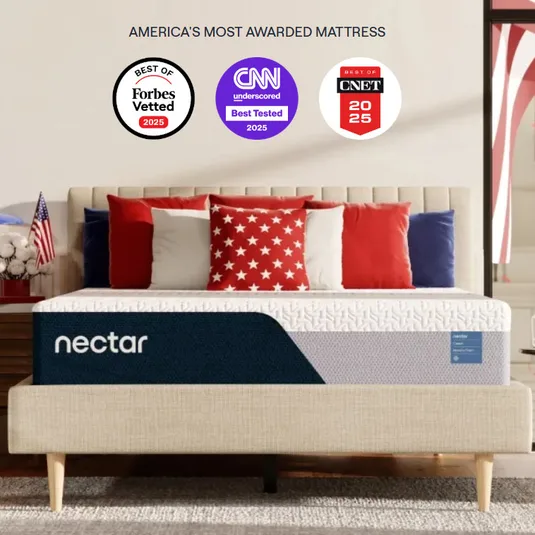Nectar mattress with patriotic-themed pillows; awarded \“Best of\“ by Forbes Vetted, CNN Underscored, and CNET for 2025.