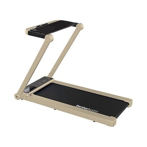 A beige and black 3-in-1 folding treadmill, featuring a compact and foldable design with a monitor platform. It's labeled \“Denise Austin\“ and designed for space-saving fitness use.