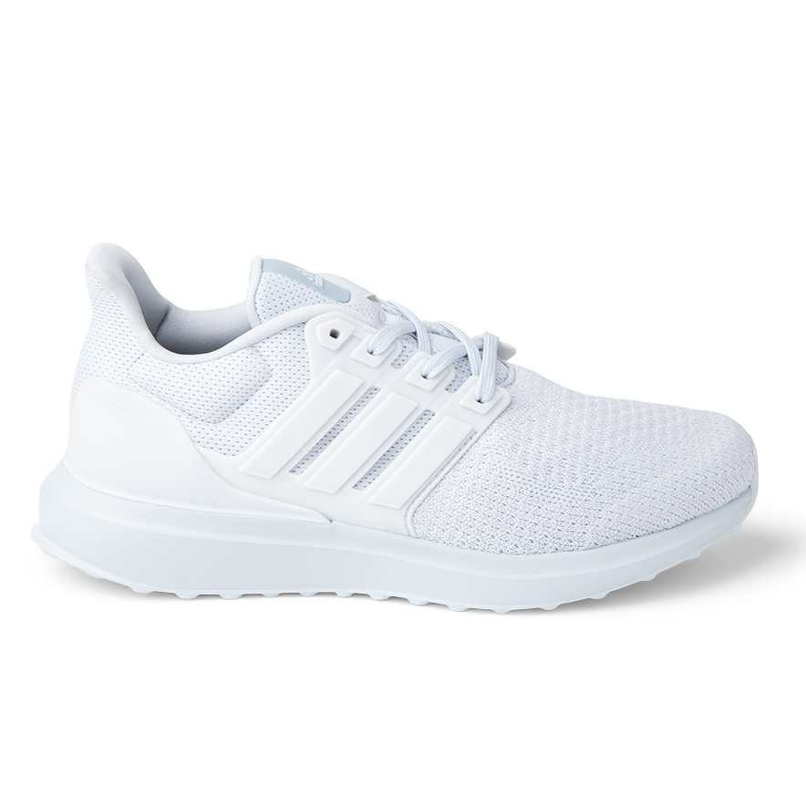 White Adidas Women's Ubounce DNA Shoes feature a mesh upper for breathability, signature three stripes on the side, and lace-up closure for a secure fit. They have a cushioned sole for comfort.