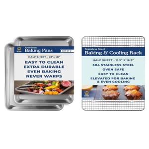 Aluminum baking pans (13\“x18\“) and a stainless steel baking and cooling rack (11.5\“x16.5\“).