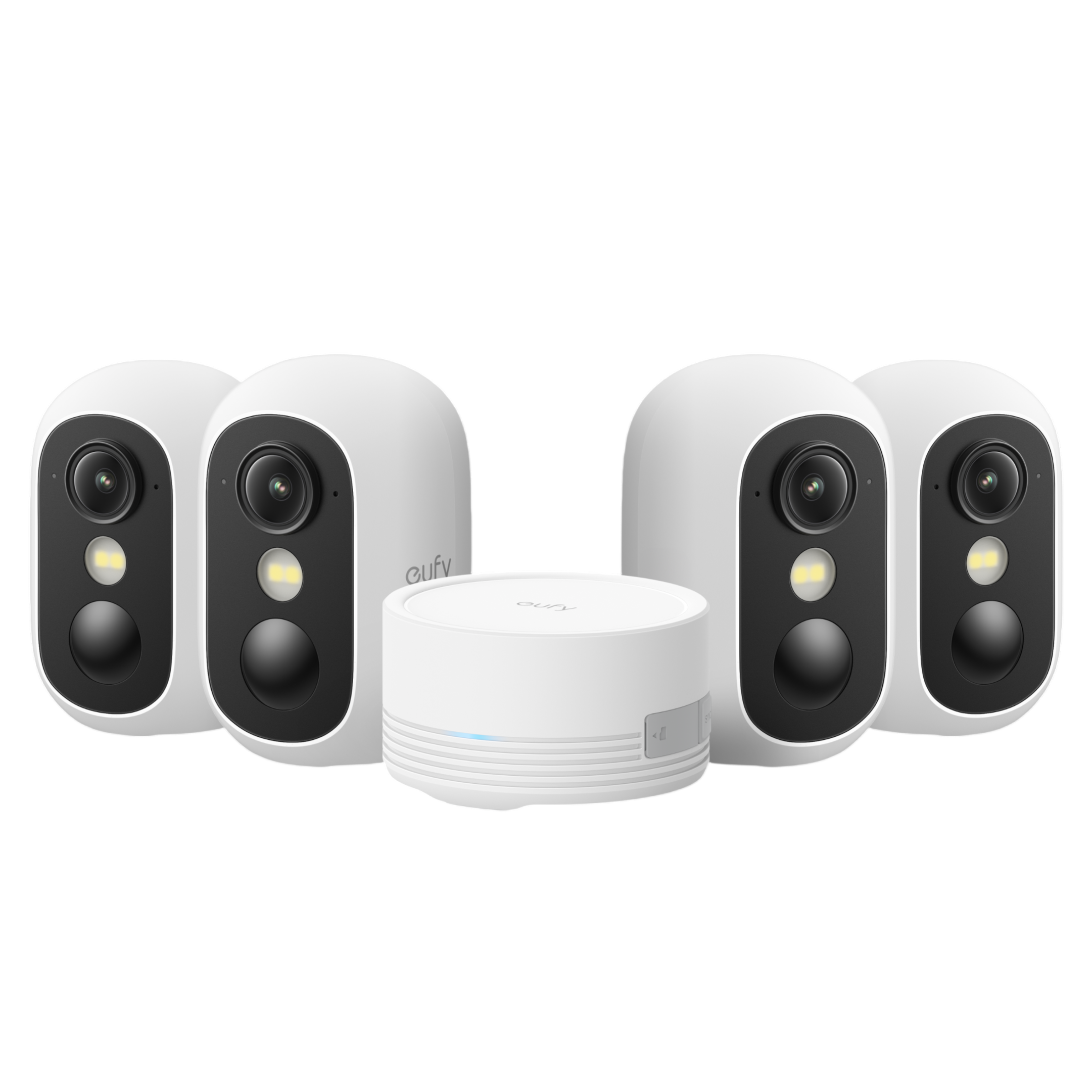 A set of four wireless security cameras with a base station, branded as Eufy, designed for home surveillance.