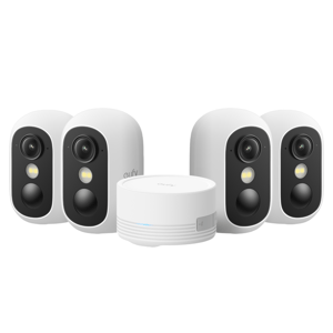 A set of four wireless security cameras with a base station, branded as Eufy, designed for home surveillance.