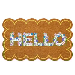 A rectangular doormat with scalloped edges, featuring the word \“HELLO\“ in colorful floral lettering against a coir-like brown background.