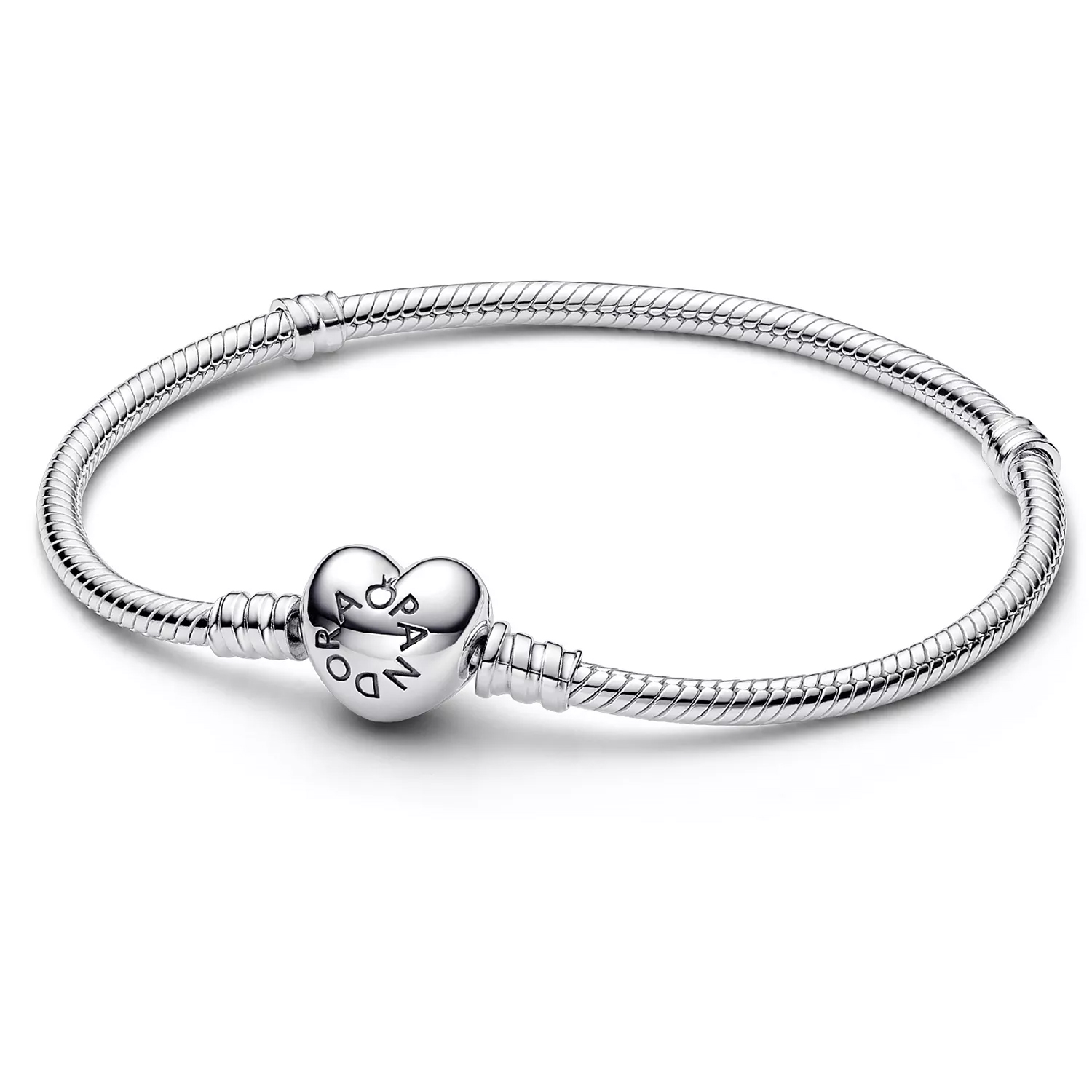 A silver snake chain bracelet with a heart-shaped clasp engraved with \“PANDORA.\“