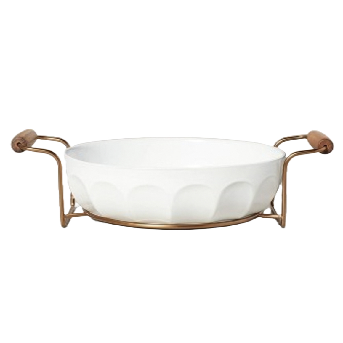 A white 3-quart stoneware baking dish with embossed design, placed on a gold-tone metal rack with wood handles.