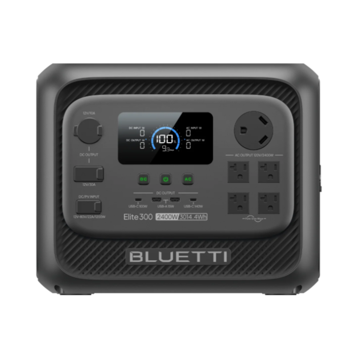 Portable power station by Bluetti featuring multiple AC and DC outputs, including four AC outlets, USB-C, and USB-A ports. Displays input/output power and battery status. 2400W power capacity and 3014.4Wh battery.