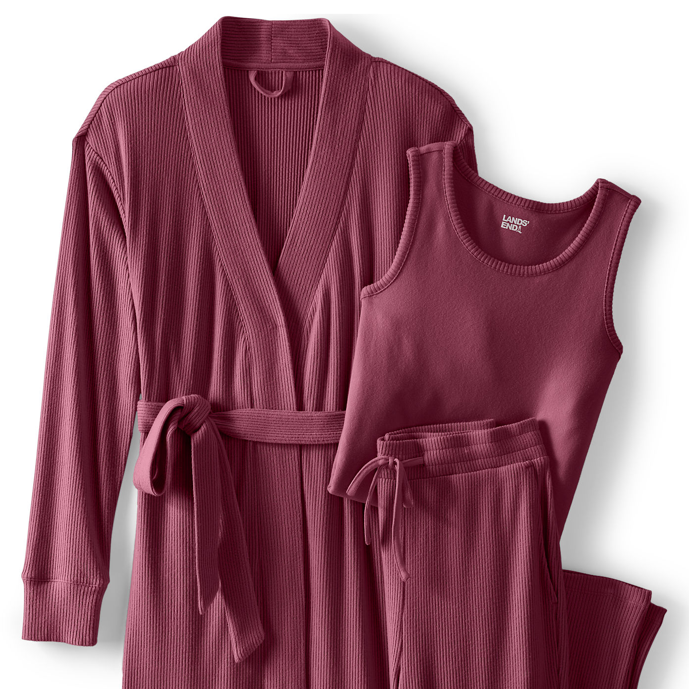 A 3-piece women's Lands' End set featuring a rib-knit robe with a tie belt, a sleeveless tank top, and matching drawstring pants, all in a deep maroon color.