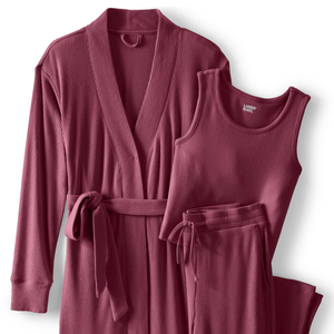 A 3-piece women's Lands' End set featuring a rib-knit robe with a tie belt, a sleeveless tank top, and matching drawstring pants, all in a deep maroon color.