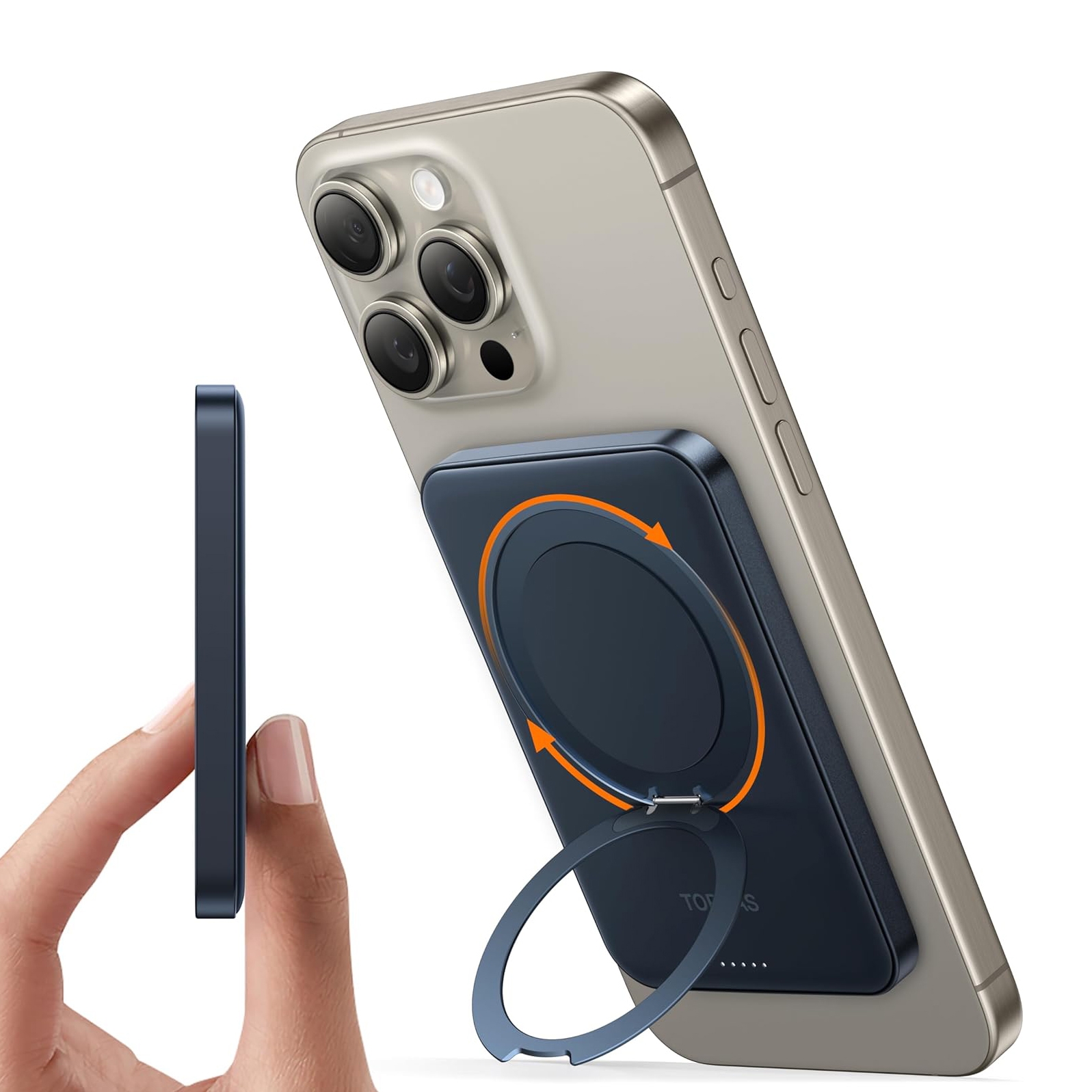 A smartphone with a triple camera setup attached to a magnetic wireless charging device and a pair of hands holding a standalone charger.