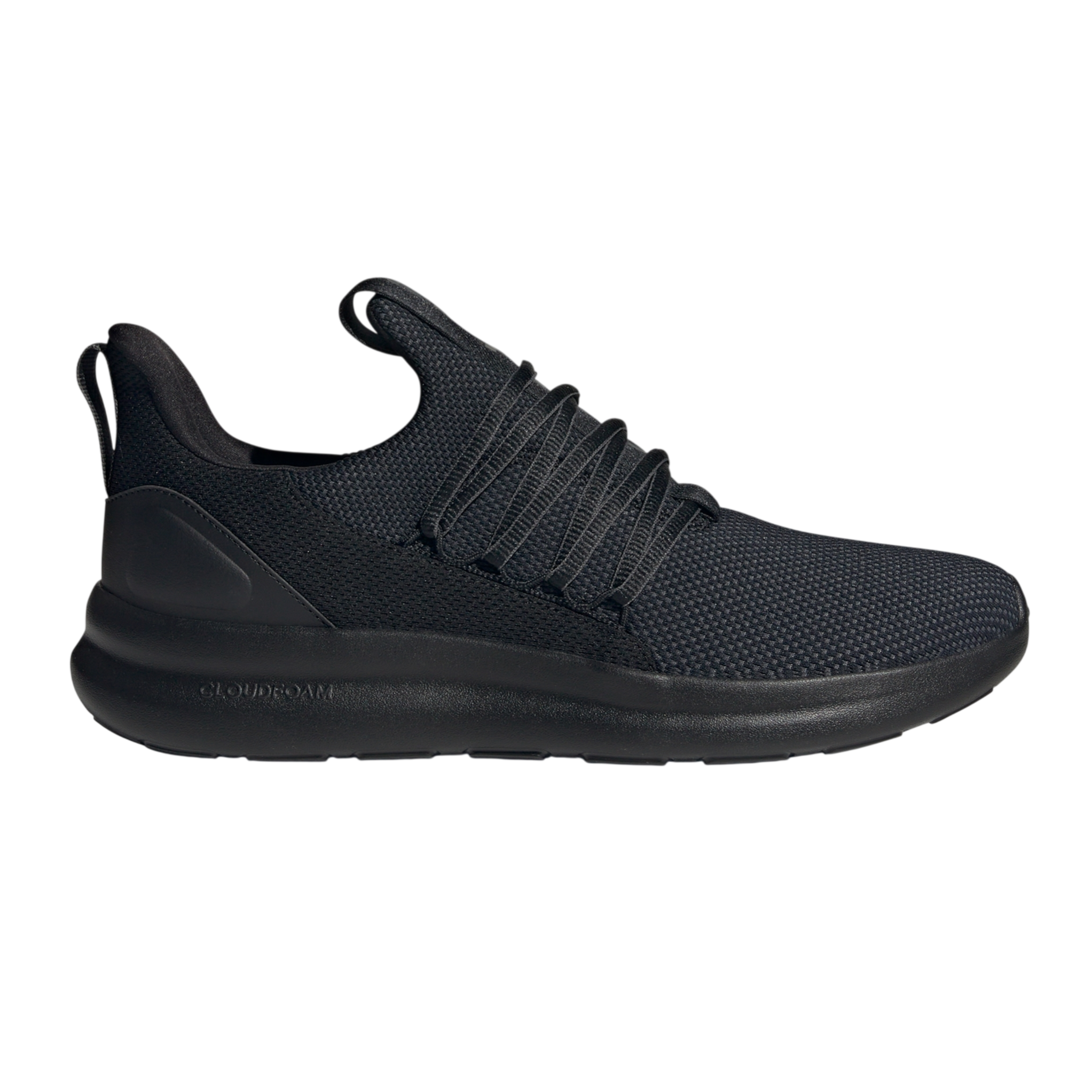 A black athletic shoe with a mesh upper, a slip-on design, and laces for adjustment. It has a Cloudfoam sole for cushioning.