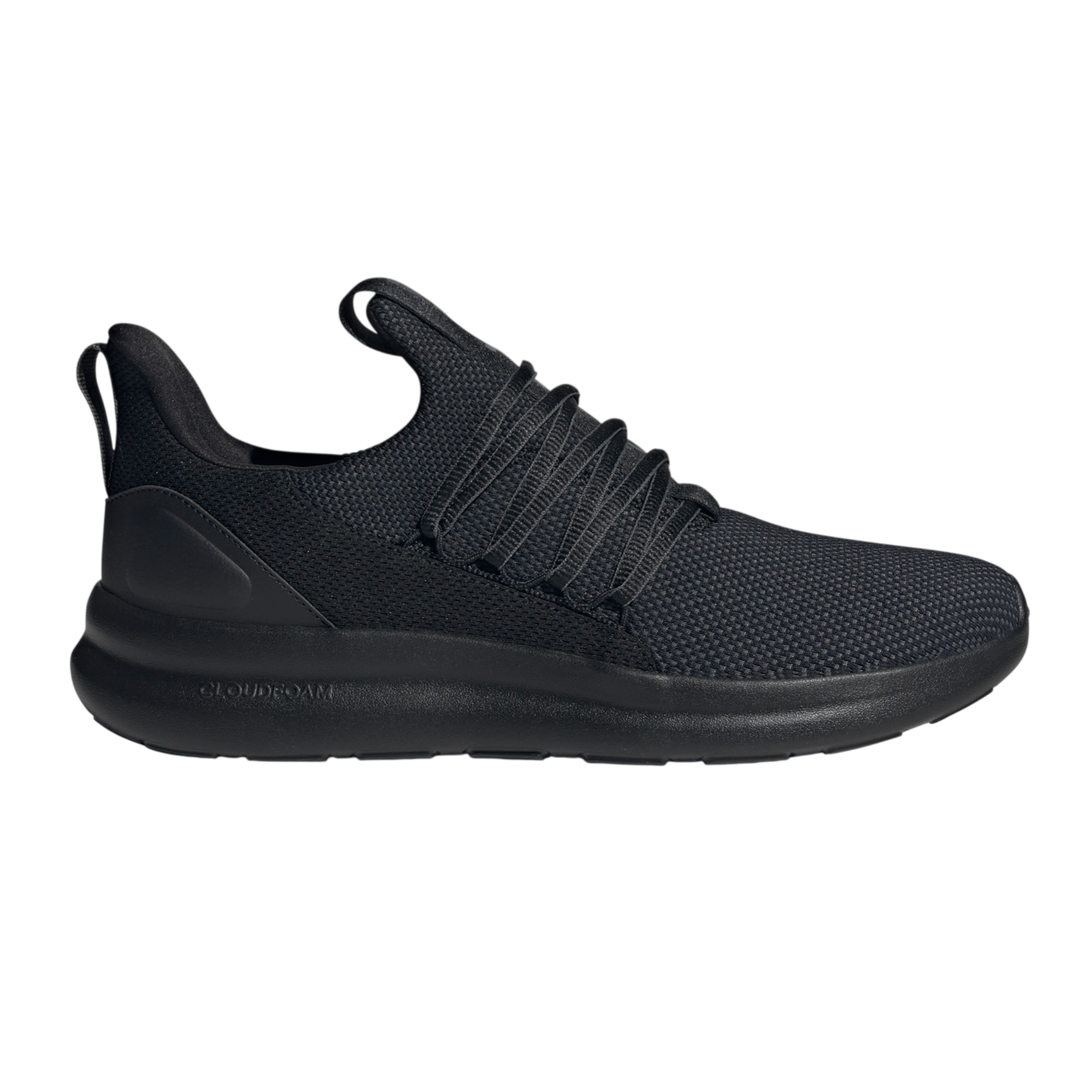A black athletic shoe with a mesh upper, a slip-on design, and laces for adjustment. It has a Cloudfoam sole for cushioning.