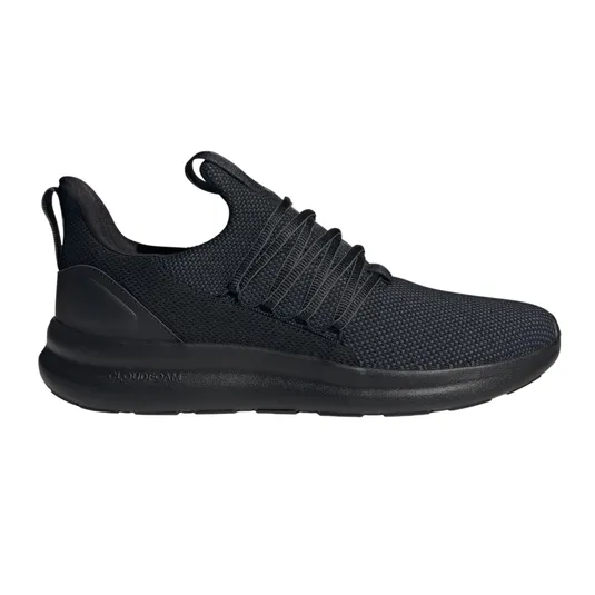 A black athletic shoe with a mesh upper, a slip-on design, and laces for adjustment. It has a Cloudfoam sole for cushioning.