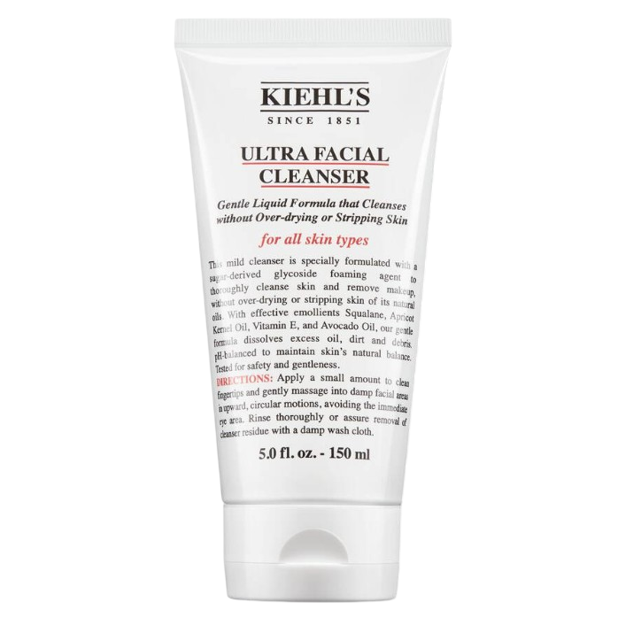 Kiehl's Ultra Facial Cleanser, a gentle liquid formula suitable for all skin types, cleanses without over-drying or stripping skin. Comes in a 5.0 fl. oz. (150 ml) size.
