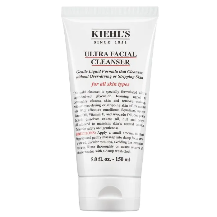 Kiehl's Ultra Facial Cleanser, a gentle liquid formula suitable for all skin types, cleanses without over-drying or stripping skin. Comes in a 5.0 fl. oz. (150 ml) size.