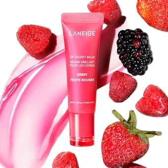Laneige Glowy Lip Balm in a red tube, Berry flavor, surrounded by glossy depictions of strawberries and blackberries.