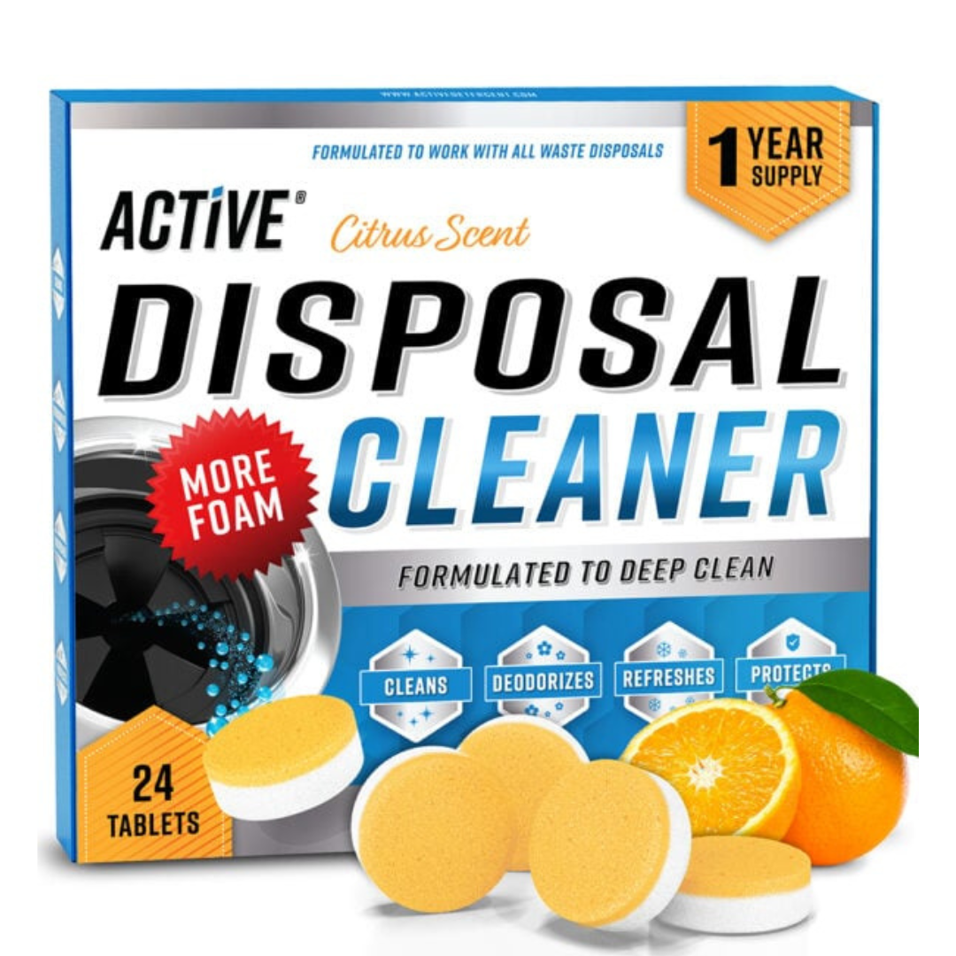 Active Disposal Cleaner with 24 citrus-scented tablets, formulated for deep cleaning waste disposals. Features include cleaning, deodorizing, refreshing, and protecting with more foam. One-year supply.