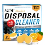 Active Disposal Cleaner with 24 citrus-scented tablets, formulated for deep cleaning waste disposals. Features include cleaning, deodorizing, refreshing, and protecting with more foam. One-year supply.