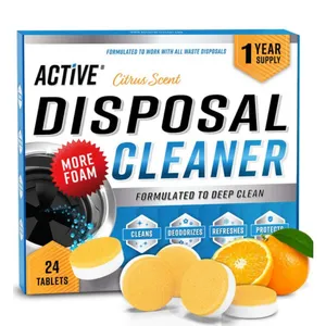 Active Disposal Cleaner with 24 citrus-scented tablets, formulated for deep cleaning waste disposals. Features include cleaning, deodorizing, refreshing, and protecting with more foam. One-year supply.