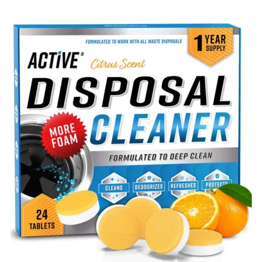 Active Disposal Cleaner with 24 citrus-scented tablets, formulated for deep cleaning waste disposals. Features include cleaning, deodorizing, refreshing, and protecting with more foam. One-year supply.
