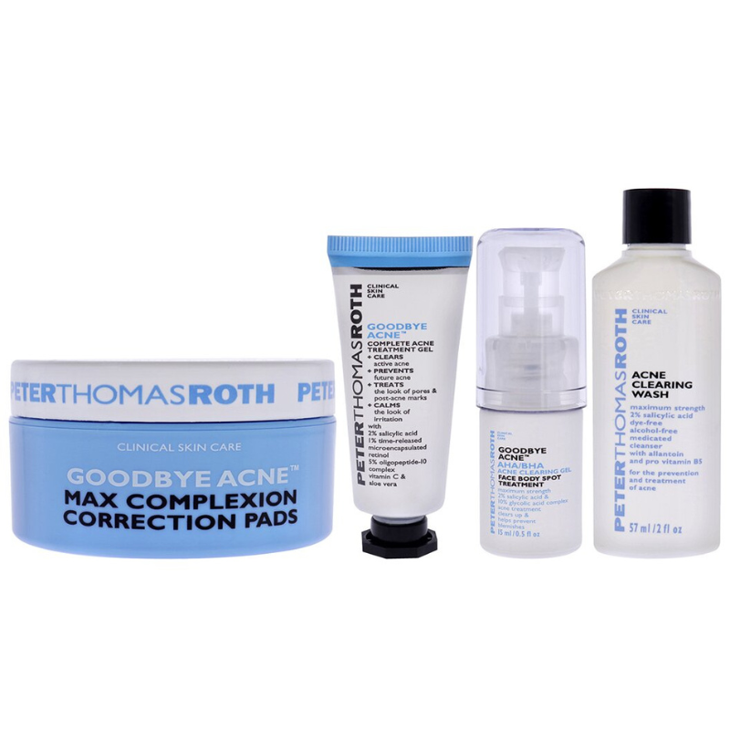 Peter Thomas Roth Acne Kit includes Max Complexion Correction Pads, Complete Acne Treatment Gel, AHA/BHA Acne Clearing Gel, and Acne Clearing Wash.