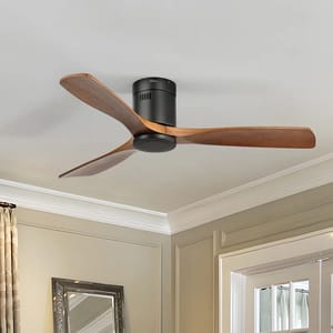 The Nicola 3-Blade Ceiling Fan features wooden blades with a sleek, modern design, attached to a compact, cylindrical black motor housing. It's mounted on a flat ceiling, offering a minimalist aesthetic.