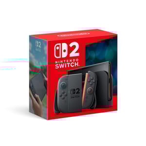 A Nintendo Switch 2 console packaging featuring the console, dock, and Joy-Con controllers in a red and black design.
