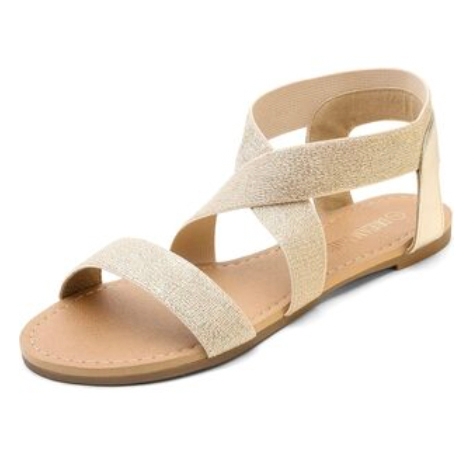 Women's gladiator sandals featuring a beige criss-cross elastic strap design, open toe, and flat sole for casual wear.