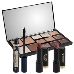 A makeup set including an eyeshadow palette with various shades, a tube of waterproof mascara, and two twist-up lipsticks in different shades.